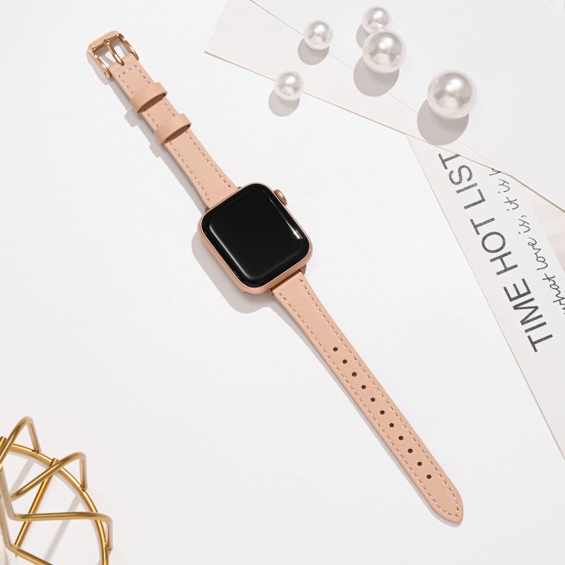 STIROLL Slim Leather Bands Compatible with Apple Watch Band 38mm 40mm 42mm 44mm, Top Grain Leather Watch Thin Wristband for iWatch SE Series 6/5/4/3/2/1 (Pale pink with Rose Gold, 38mm/40mm) - Image 4